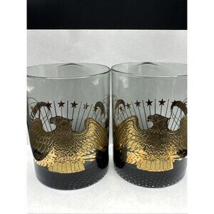 VTG 1976 Bicentennial Patriotic American Eagle Gold Whiskey Glass Rocks Lowball